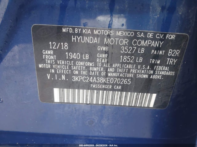 Продаж на аукціоні авто 2019 Hyundai Accent Se, vin: 3KPC24A38KE070265, номер лоту: 44992059