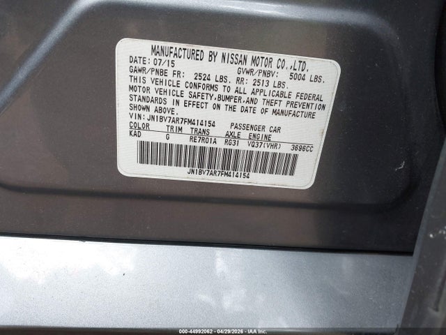 44992062 :رقم المزاد ، JN1BV7AR7FM414154 vin ، 2015 Infiniti Q50 مزاد بيع