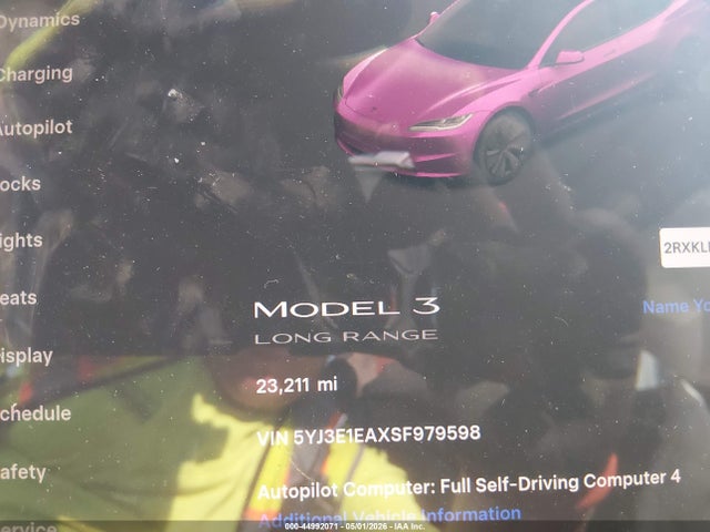44992071 :رقم المزاد ، 5YJ3E1EAXSF979598 vin ، 2025 Tesla Model 3 Long Range Rear-wheel Drive/standard Rear-wheel Drive مزاد بيع