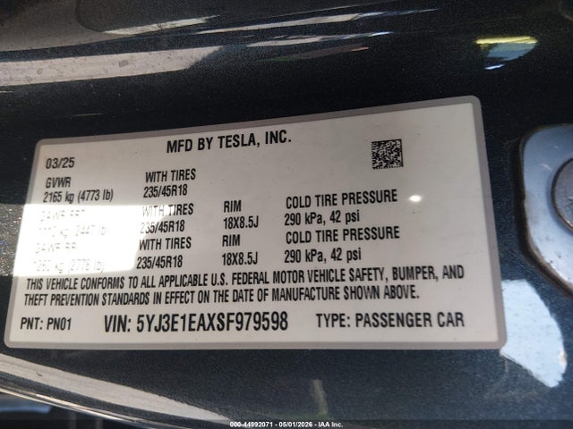 44992071 :رقم المزاد ، 5YJ3E1EAXSF979598 vin ، 2025 Tesla Model 3 Long Range Rear-wheel Drive/standard Rear-wheel Drive مزاد بيع