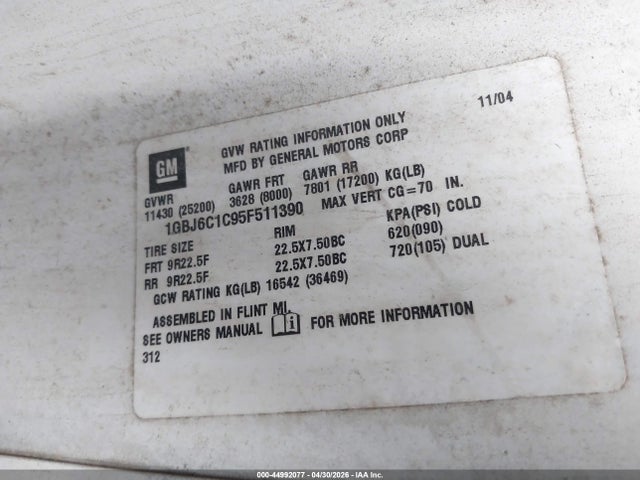 Auction sale of the 2005 Chevrolet Cc6500, vin: 1GBJ6C1C95F511390, lot number: 44992077