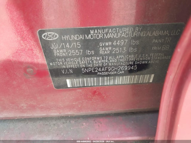 5NPE24AF9GH269945 Hyundai SONATA SE