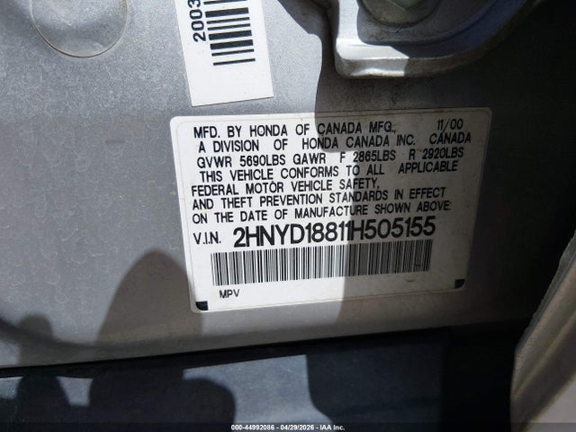 Auction sale of the 2001 Acura Mdx, vin: 2HNYD18811H505155, lot number: 44992086