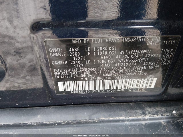 2014 Subaru Outback 2.5i Limited მანქანა იყიდება აუქციონზე, vin: 4S4BRCLC0E3255027, აუქციონის ნომერი: 44992087