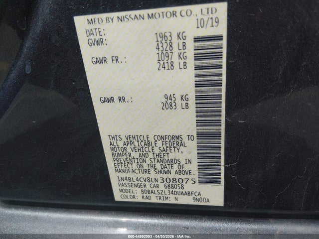 Продажа на аукционе авто 2020 Nissan Altima Sr Fwd, vin: 1N4BL4CV8LN308075, номер лота: 44992093