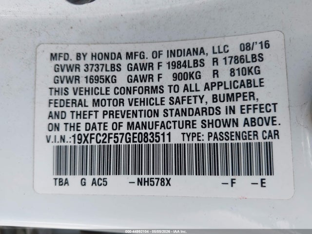 2016 Honda Civic Lx მანქანა იყიდება აუქციონზე, vin: 19XFC2F57GE083511, აუქციონის ნომერი: 44992104