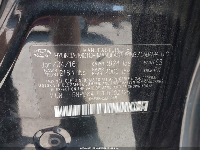 Aukcja sprzedaży 2017 Hyundai Elantra Limited, vin: 5NPD84LF7HH002425, numer aukcji: 44992107