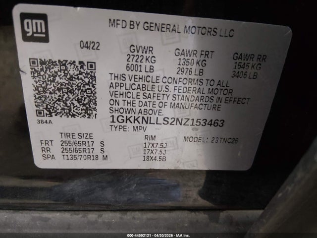 2022 Gmc Acadia Awd At4 მანქანა იყიდება აუქციონზე, vin: 1GKKNLLS2NZ153463, აუქციონის ნომერი: 44992121