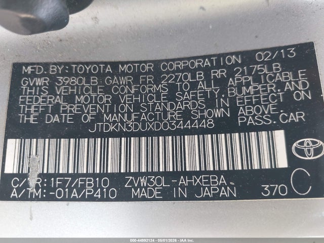 Aukcja sprzedaży 2013 Toyota Prius Two, vin: JTDKN3DUXD0344448, numer aukcji: 44992124