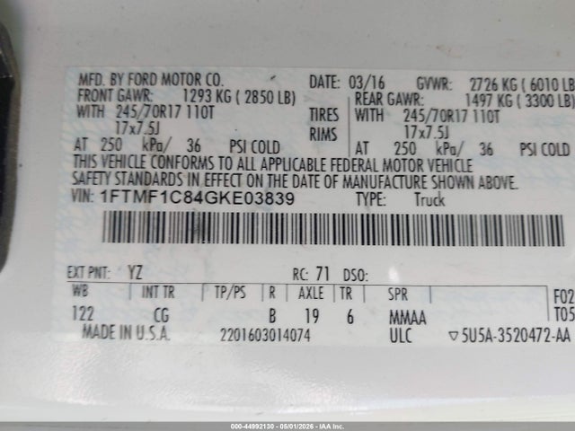 Продажа на аукционе авто 2016 Ford F-150 Xl, vin: 1FTMF1C84GKE03839, номер лота: 44992130