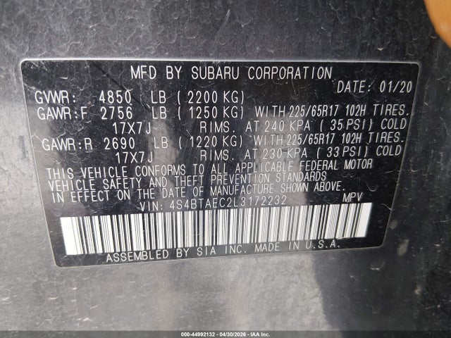 2020 Subaru Outback Premium მანქანა იყიდება აუქციონზე, vin: 4S4BTAEC2L3172232, აუქციონის ნომერი: 44992132