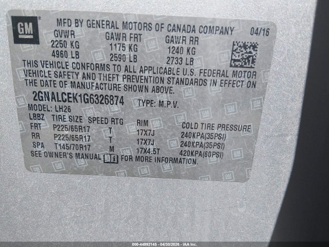 Продаж на аукціоні авто 2016 Chevrolet Equinox Lt, vin: 2GNALCEK1G6326874, номер лоту: 44992145