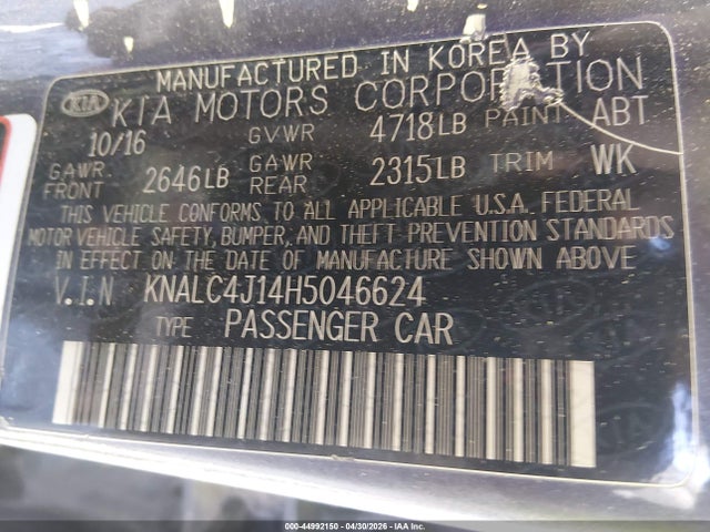 44992150 :رقم المزاد ، KNALC4J14H5046624 vin ، 2017 Kia Cadenza Premium مزاد بيع