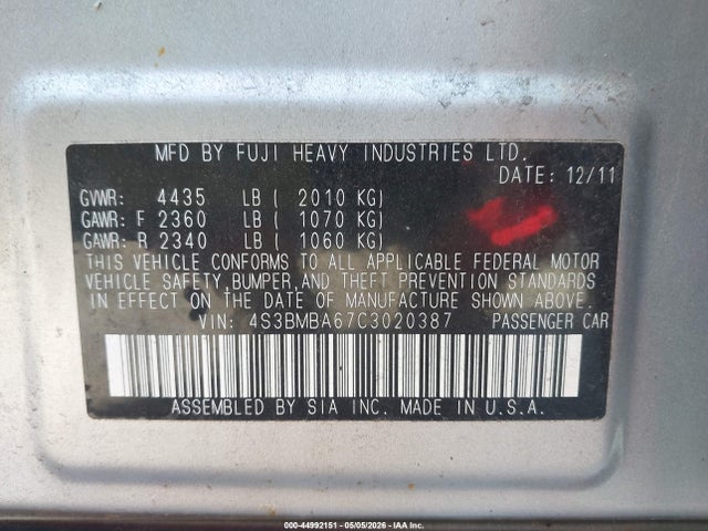 44992151 :رقم المزاد ، 4S3BMBA67C3020387 vin ، 2012 Subaru Legacy 2.5i مزاد بيع