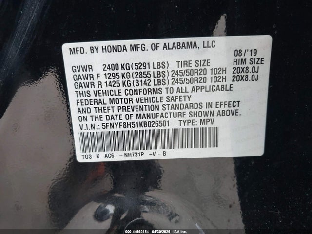 Aukcja sprzedaży 2019 Honda Passport Ex-l, vin: 5FNYF8H51KB026501, numer aukcji: 44992154