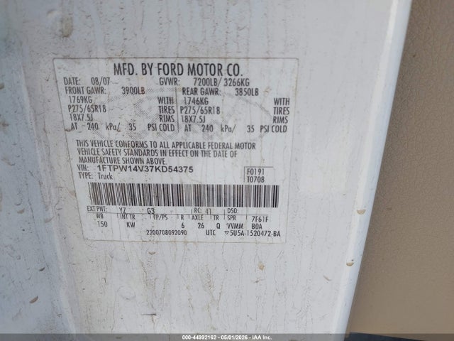 Продаж на аукціоні авто 2007 Ford F-150 Fx4/lariat/xlt, vin: 1FTPW14V37KD54375, номер лоту: 44992162