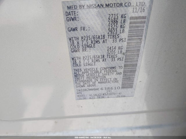 Продаж на аукціоні авто 2017 Nissan Pathfinder Sl, vin: 5N1DR2MN6HC638610, номер лоту: 44992164