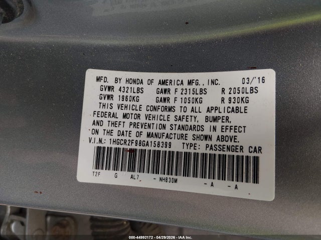 Продажа на аукционе авто 2016 Honda Accord Ex-l, vin: 1HGCR2F98GA158399, номер лота: 44992172