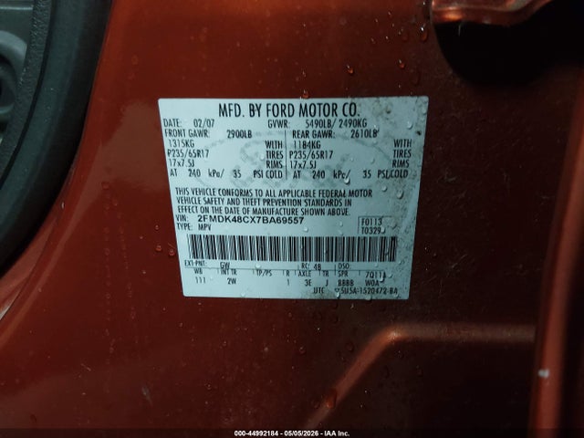 44992184 :رقم المزاد ، 2FMDK48CX7BA69557 vin ، 2007 Ford Edge Sel مزاد بيع