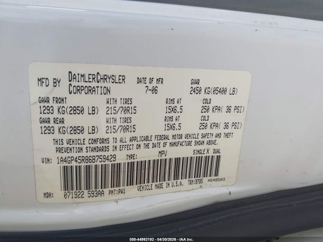 44992192 :رقم المزاد ، 1A4GP45R86B759429 vin ، 2006 Chrysler Town & Country مزاد بيع