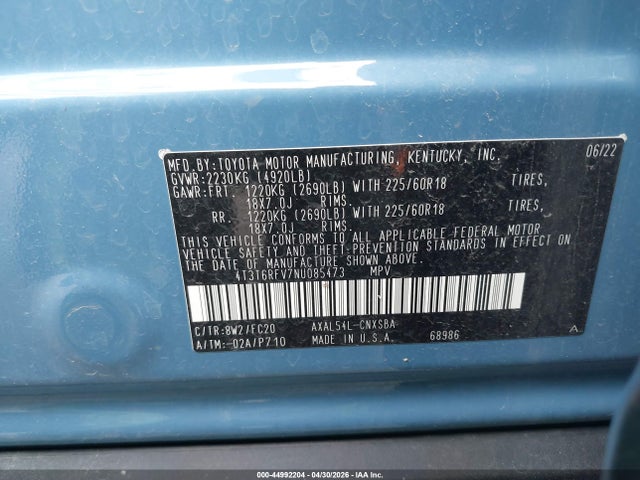 Aukcja sprzedaży 2022 Toyota Rav4 Hybrid Se, vin: 4T3T6RFV7NU085473, numer aukcji: 44992204