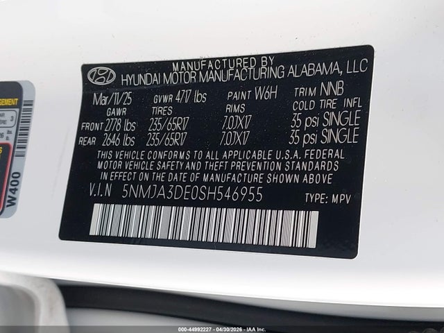 44992227 :رقم المزاد ، 5NMJA3DE0SH546955 vin ، 2025 Hyundai Tucson Se مزاد بيع