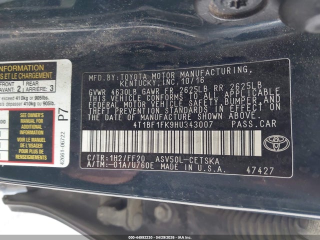 Aukcja sprzedaży 2017 Toyota Camry Se, vin: 4T1BF1FK9HU343007, numer aukcji: 44992230