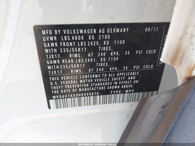 Продажа на аукционе авто 2017 Volkswagen Tiguan 2.0t/2.0t S, vin: WVGAV7AX9HK046870, номер лота: 44992232