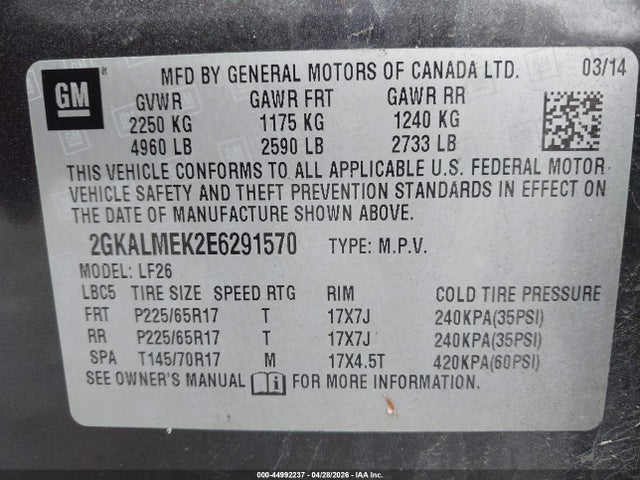Aukcja sprzedaży 2014 Gmc Terrain Sle-1, vin: 2GKALMEK2E6291570, numer aukcji: 44992237