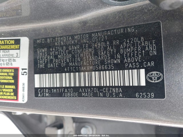 Продажа на аукционе авто 2021 Toyota Camry Le, vin: 4T1C11AK8MU586635, номер лота: 44992243