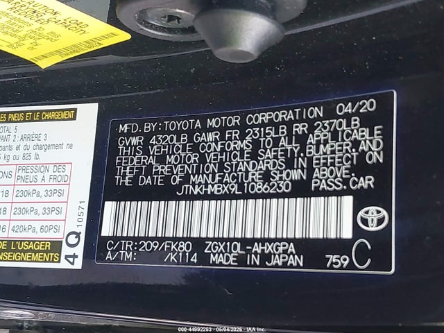 Aukcja sprzedaży 2020 Toyota C-hr Xle, vin: JTNKHMBX9L1086230, numer aukcji: 44992253
