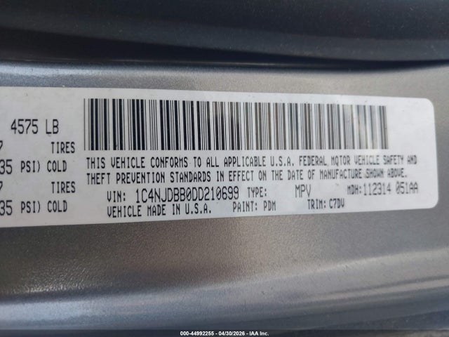 44992255 :رقم المزاد ، 1C4NJDBB0DD210699 vin ، 2013 Jeep Compass Sport مزاد بيع