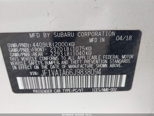 44992256 :رقم المزاد ، JF1VA1A66J9838094 vin ، 2018 Subaru Wrx مزاد بيع
