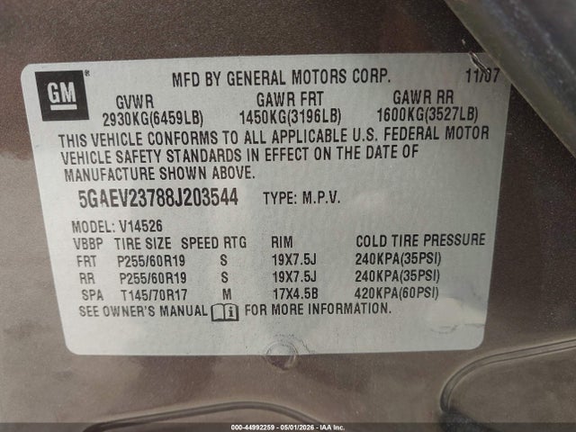 44992259 :رقم المزاد ، 5GAEV23788J203544 vin ، 2008 Buick Enclave Cxl مزاد بيع