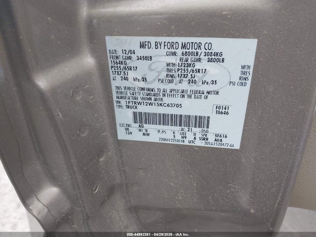 44992261 :رقم المزاد ، 1FTRW12W15KC63705 vin ، 2005 Ford F-150 Xlt مزاد بيع
