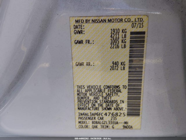 2015 Nissan Altima 2.5 S მანქანა იყიდება აუქციონზე, vin: 1N4AL3AP6FC476825, აუქციონის ნომერი: 44992262