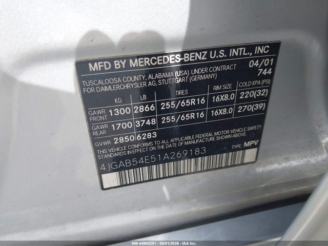 Продажа на аукционе авто 2001 Mercedes-benz Ml 320, vin: 4JGAB54E51A269183, номер лота: 44992281