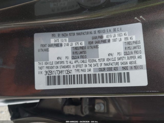 2017 Mazda Mazda3 Touring მანქანა იყიდება აუქციონზე, vin: 3MZBN1V70HM110641, აუქციონის ნომერი: 44992282