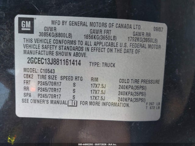 44992293 :رقم المزاد ، 2GCEC13J881161414 vin ، 2008 Chevrolet Silverado 1500 Lt1 مزاد بيع