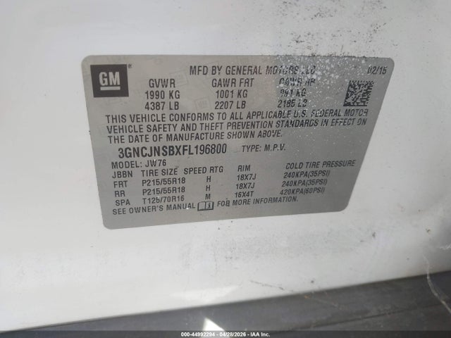 Продажа на аукционе авто 2015 Chevrolet Trax Ltz, vin: 3GNCJNSBXFL196800, номер лота: 44992294