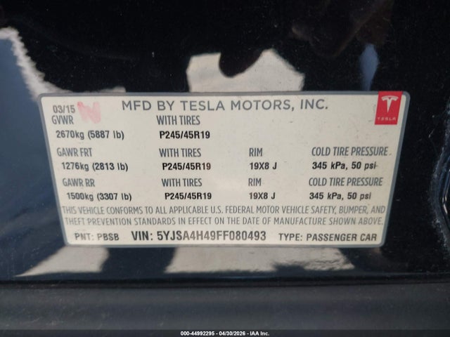 2015 Tesla Model S 85d/p85d მანქანა იყიდება აუქციონზე, vin: 5YJSA4H49FF080493, აუქციონის ნომერი: 44992295