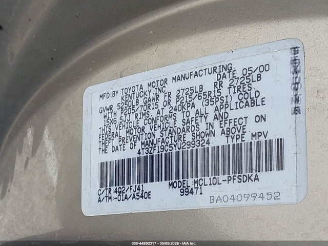 Aukcja sprzedaży 2000 Toyota Sienna Ce, vin: 4T3ZF19C5YU299324, numer aukcji: 44992317