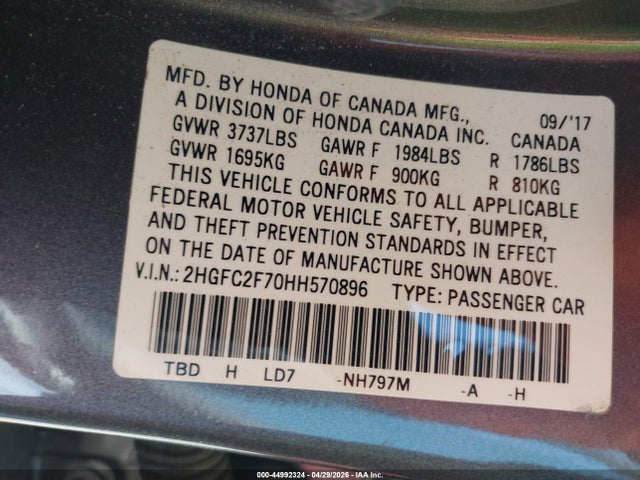 44992324 :رقم المزاد ، 2HGFC2F70HH570896 vin ، 2017 Honda Civic Ex مزاد بيع
