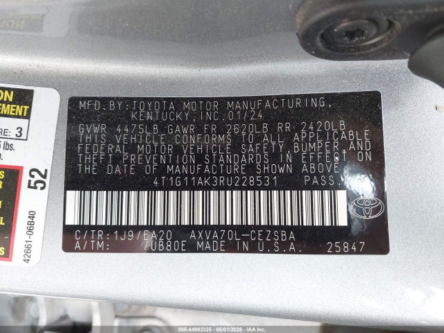 44992325 :رقم المزاد ، 4T1G11AK3RU228531 vin ، 2024 Toyota Camry Se مزاد بيع