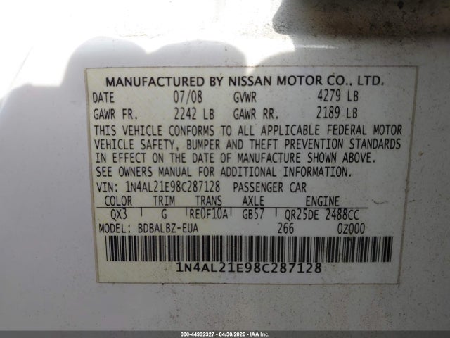Продажа на аукционе авто 2008 Nissan Altima 2.5 S, vin: 1N4AL21E98C287128, номер лота: 44992327