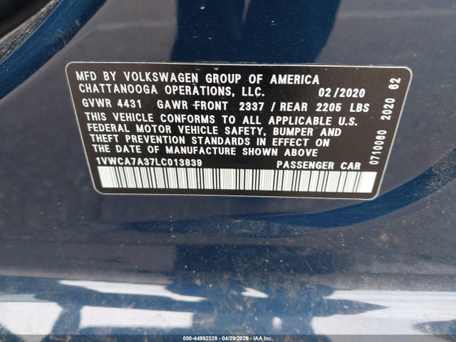 2020 Volkswagen Passat 2.0t Sel მანქანა იყიდება აუქციონზე, vin: 1VWCA7A37LC013839, აუქციონის ნომერი: 44992329
