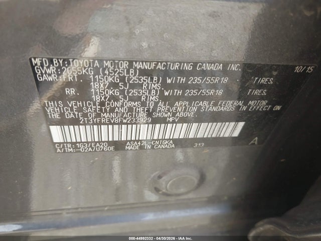 Продаж на аукціоні авто 2015 Toyota Rav4 Limited, vin: 2T3YFREV8FW233929, номер лоту: 44992332