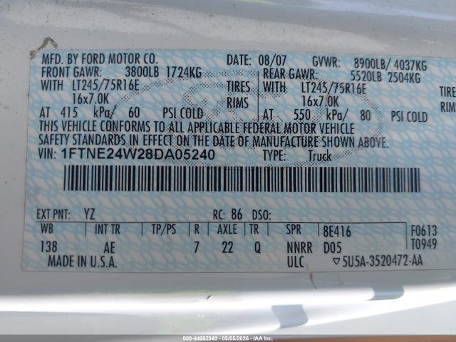 44992340 :رقم المزاد ، 1FTNE24W28DA05240 vin ، 2008 Ford E-250 Commercial/recreational مزاد بيع