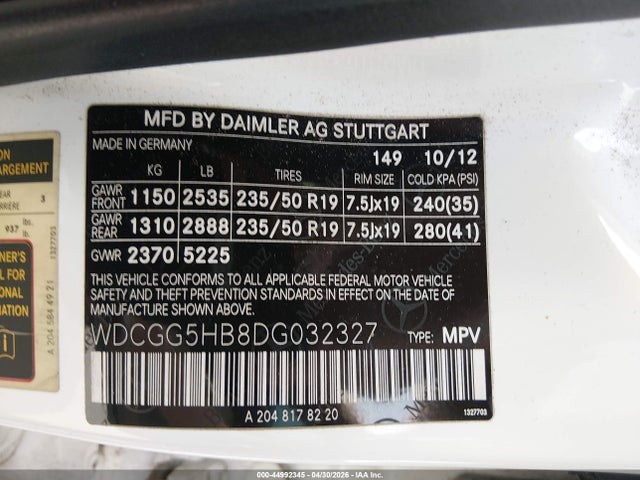 44992345 :رقم المزاد ، WDCGG5HB8DG032327 vin ، 2013 Mercedes-benz Glk 350 مزاد بيع