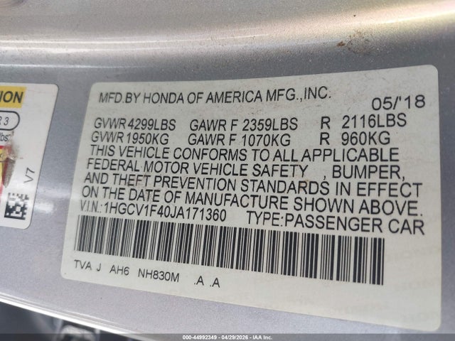 1HGCV1F40JA171360 Honda ACCORD EX